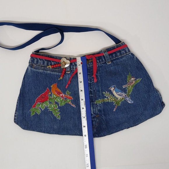Shoulder Bag Handmade Denim Sheplers Jeans Boho Hippie Cardinals and Blue Jays - Picture 10 of 12